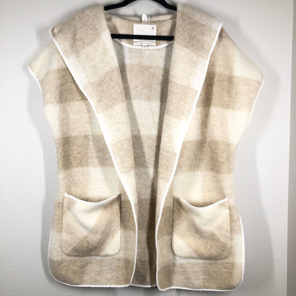 Aritzia Wilfred Free Lowther Jacket Italian Wool Hooded Sweater Tan Plaid M